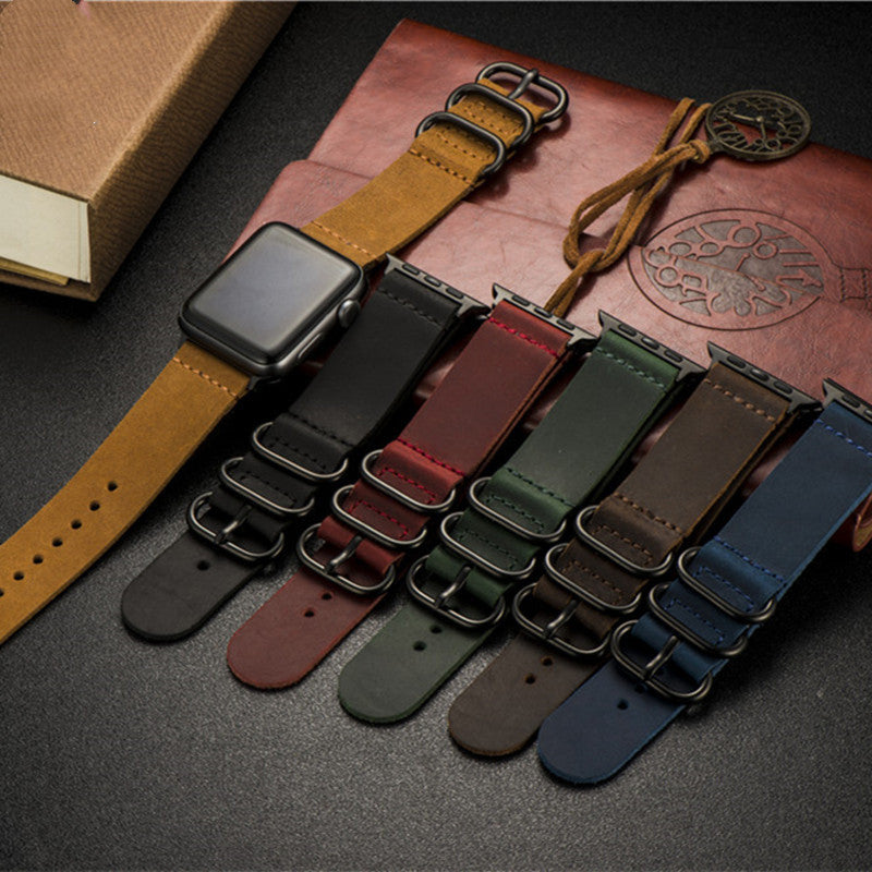 Nubuck Leather Three-Ring Pin Buckle Watch Strap